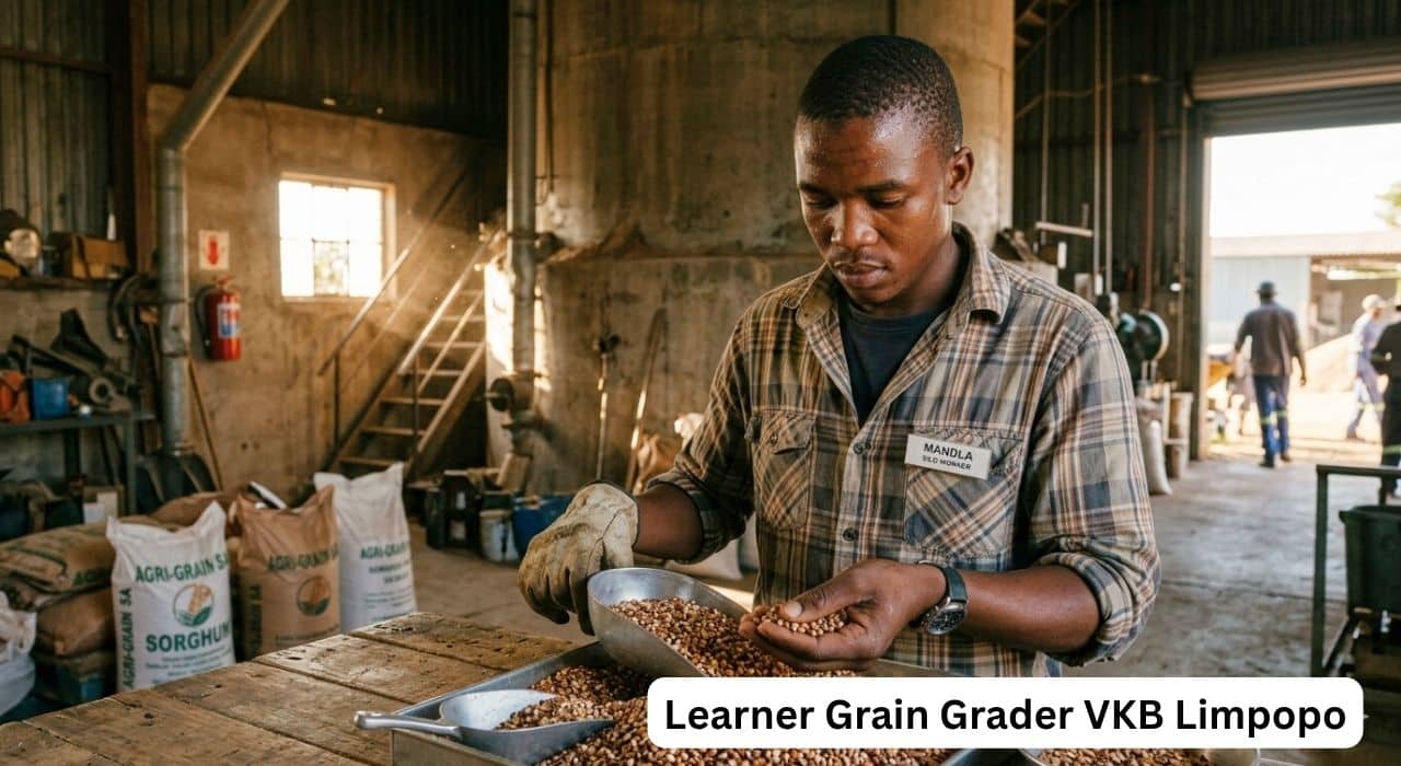 Learner grain grader inspecting maize samples in Limpopo